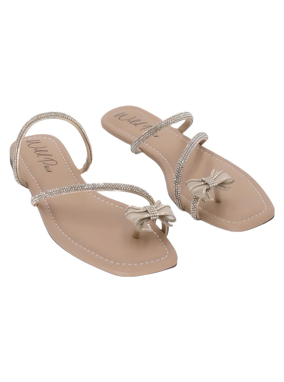 Wild Pair Eliana Rhinestone Bow Slingback Flat Sandals Gold Metallic Sz 7.5-8M